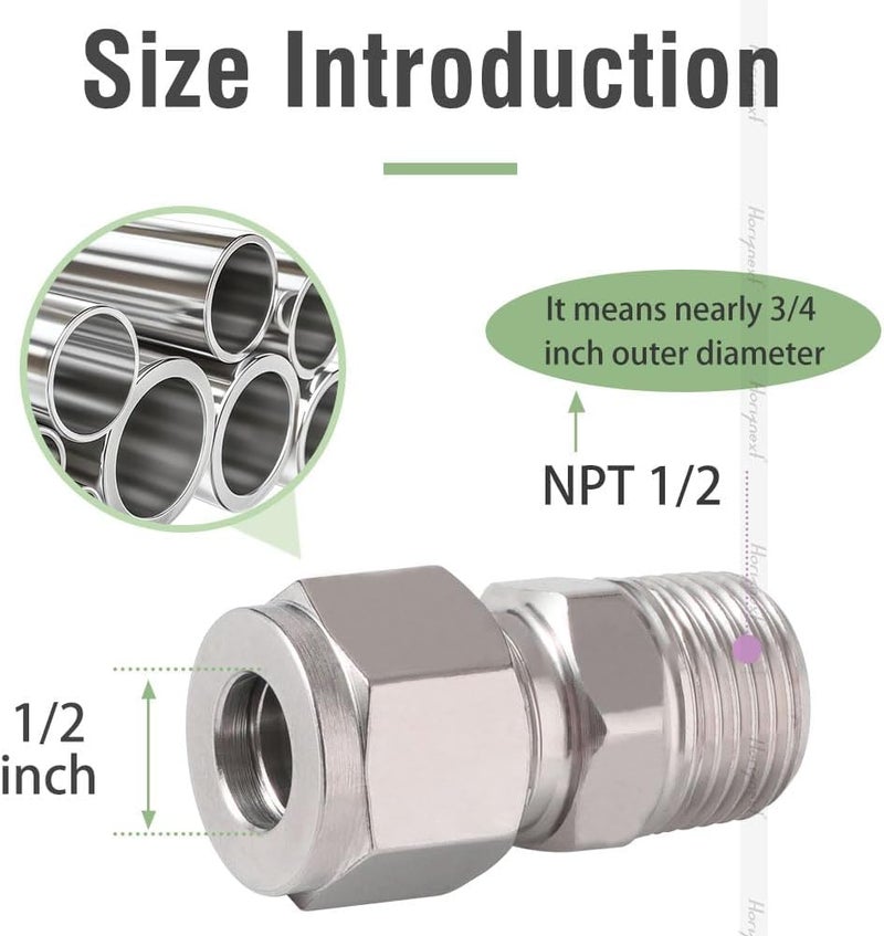 Horiznext Stainless Steel 304 Compression Fitting to connect 1/2 inch OD tube x 1/2 NPT Male thread Coupler, for brass copper stainless steel tubing (2 pcs) - Image 2