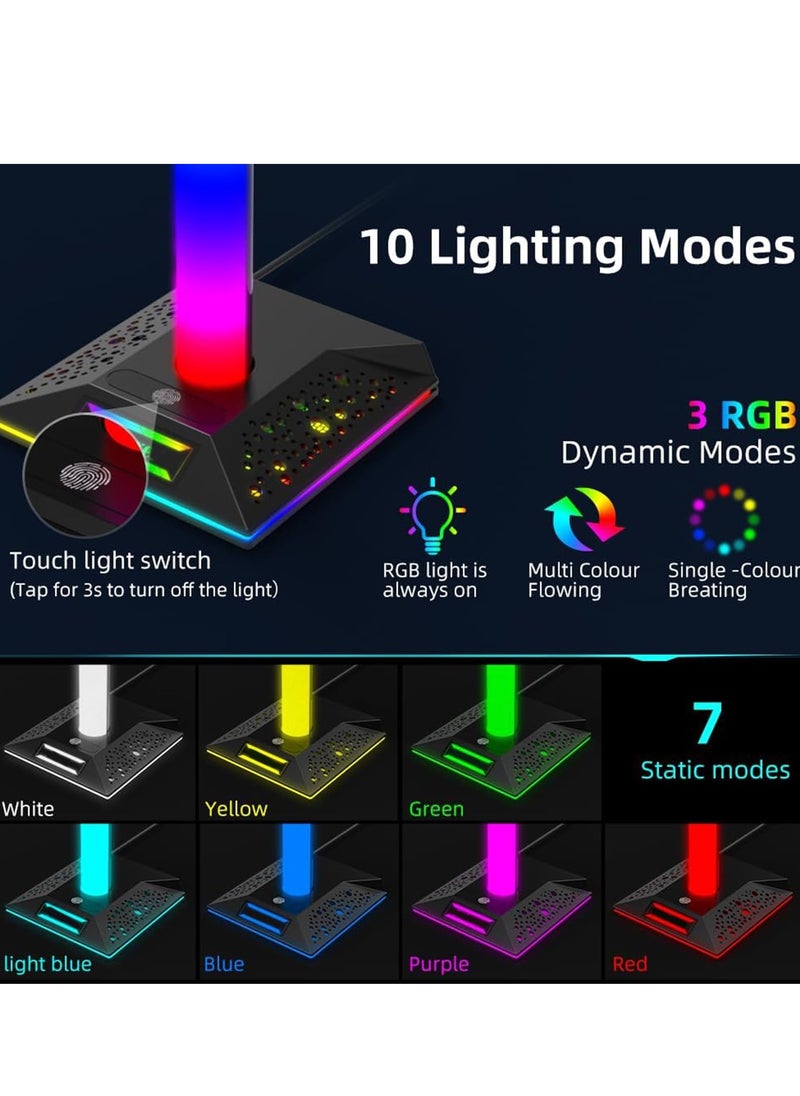 XICEN - Gaming Controller Holder, Headphone Stand With 2 USB Port and 1 Type-C, Game Controller Stand with 10 RGB Light Modes and Memory Feature, Universal Desk Gaming Headset Stand Accessories - Image 1
