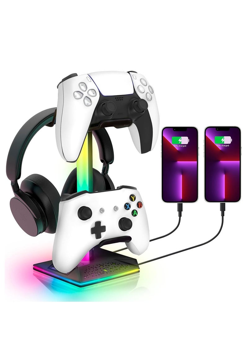 XICEN - Gaming Controller Holder, Headphone Stand With 2 USB Port and 1 Type-C, Game Controller Stand with 10 RGB Light Modes and Memory Feature, Universal Desk Gaming Headset Stand Accessories - Image 1