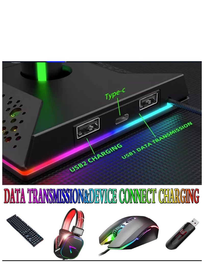 XICEN - Gaming Controller Holder, Headphone Stand With 2 USB Port and 1 Type-C, Game Controller Stand with 10 RGB Light Modes and Memory Feature, Universal Desk Gaming Headset Stand Accessories - Image 1