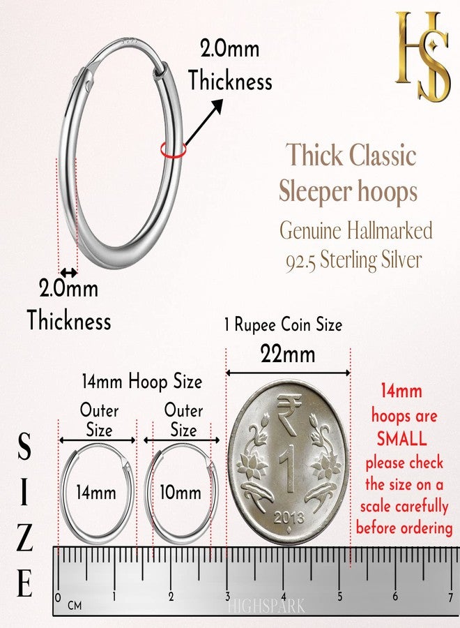 HIGHSPARK 925 Silver Hoop Earrings | 92.5 Sterling Silver Round Classic Thick Hoop Size 12mm to 20mm - Gauge 12G ie Thickness 2.0mm | Lovely Gift for Women & Girls - Silver 14mm - Image 2