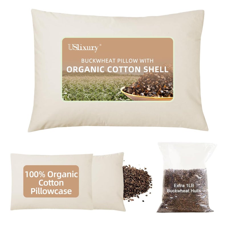 USlixury Organic Buckwheat Pillow for Sleeping with Extra Organic Pillowcase and Hulls 15X19 Buckwheat Hull Pillow Adjustable Height and Firmness Firm Neck Support for Side Sleepers Cool White