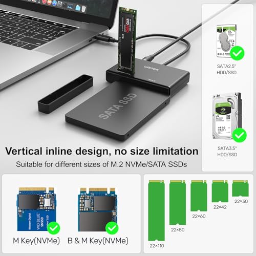 Unitek M2 NVMe SSD Enclosure Adapter 10 Gbps Hard Drive Reader Tool Free Pcie NVMe Adapter External USB 32 M2 SATA Case Converter Supports M Key Any Sizes M2 25 35 SATA Solid State Drive - Image 3