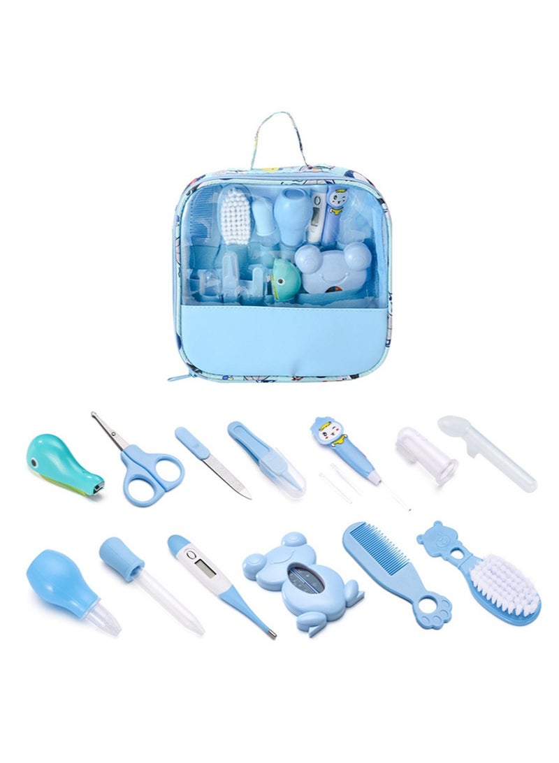 13-Piece Baby Care Kit with Thermometer, Nasal Aspirator, Toothbrush, Emery Board, Nail Clipper, Scissor, Brush and Comb ect, Portable Essential Daily Care Bathing Tool for Toddler Infant,Blue - Image 1