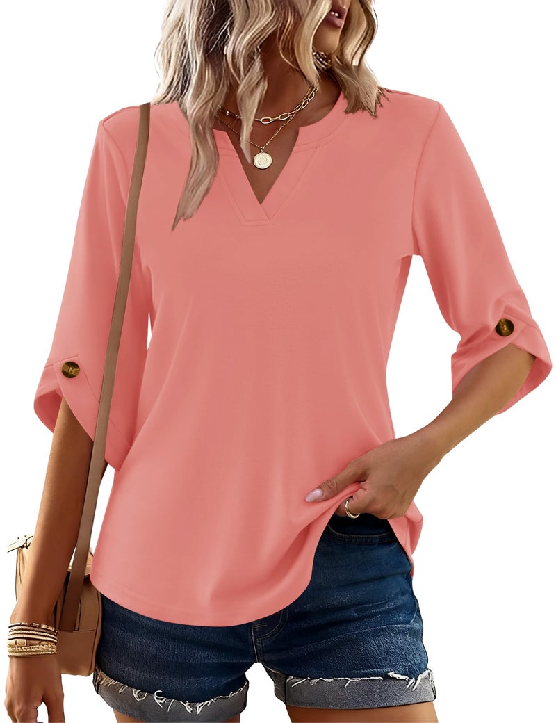 Kistore Spring Fashion 3/4 Length Sleeve Tops Blouses for Women V Neck Dressy Casual Business Shirts Coral Pink S - Image 2