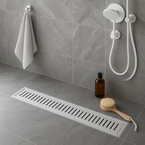 Specule Linear Shower Drain Channel | 12 × 4 Inches | 304 Stainless Steel Shower Water Drain Channel | Floor Drain Jali with Collar | Luxury Drain Channel with Cockroach Trap and Side Hole - Image 1