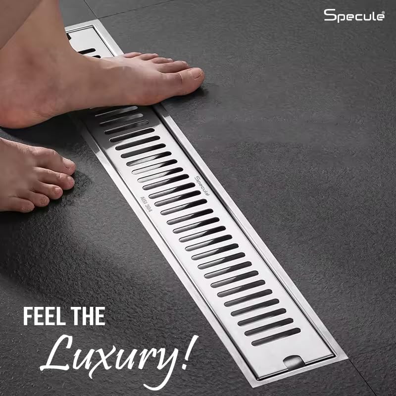 Specule Linear Shower Drain Channel | 12 × 4 Inches | 304 Stainless Steel Shower Water Drain Channel | Floor Drain Jali with Collar | Luxury Drain Channel with Cockroach Trap and Side Hole - Image 3