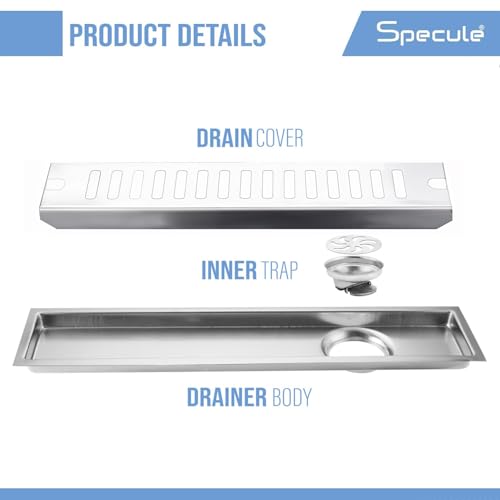 Specule Linear Shower Drain Channel | 12 × 4 Inches | 304 Stainless Steel Shower Water Drain Channel | Floor Drain Jali with Collar | Luxury Drain Channel with Cockroach Trap and Side Hole - Image 2