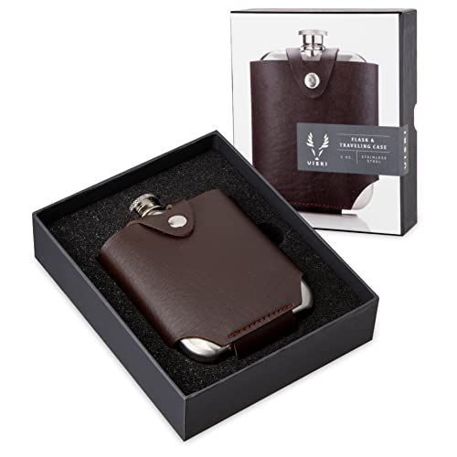 Viski Stainless Steel Flask with Traveling Case - Leather Wrap Stainless Steel Flask with Faux Leather Travel Case, Liquor Whiskey Drinking Metal Container, Novelty Flask - 5oz, Brown - Image 1
