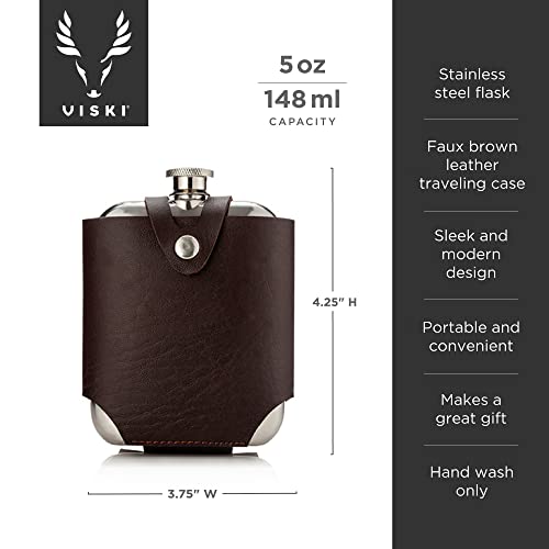 Viski Stainless Steel Flask with Traveling Case - Leather Wrap Stainless Steel Flask with Faux Leather Travel Case, Liquor Whiskey Drinking Metal Container, Novelty Flask - 5oz, Brown - Image 3