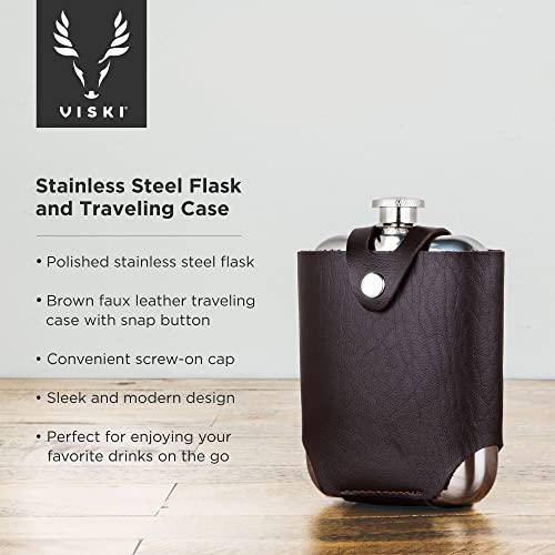 Viski Stainless Steel Flask with Traveling Case - Leather Wrap Stainless Steel Flask with Faux Leather Travel Case, Liquor Whiskey Drinking Metal Container, Novelty Flask - 5oz, Brown - Image 2