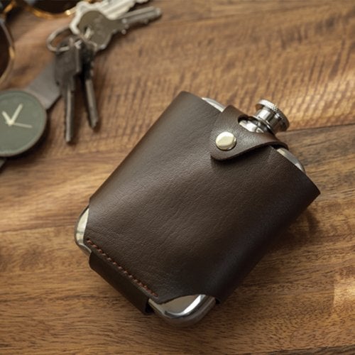 Viski Stainless Steel Flask with Traveling Case - Leather Wrap Stainless Steel Flask with Faux Leather Travel Case, Liquor Whiskey Drinking Metal Container, Novelty Flask - 5oz, Brown - Image 5