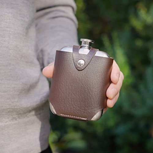 Viski Stainless Steel Flask with Traveling Case - Leather Wrap Stainless Steel Flask with Faux Leather Travel Case, Liquor Whiskey Drinking Metal Container, Novelty Flask - 5oz, Brown - Image 4