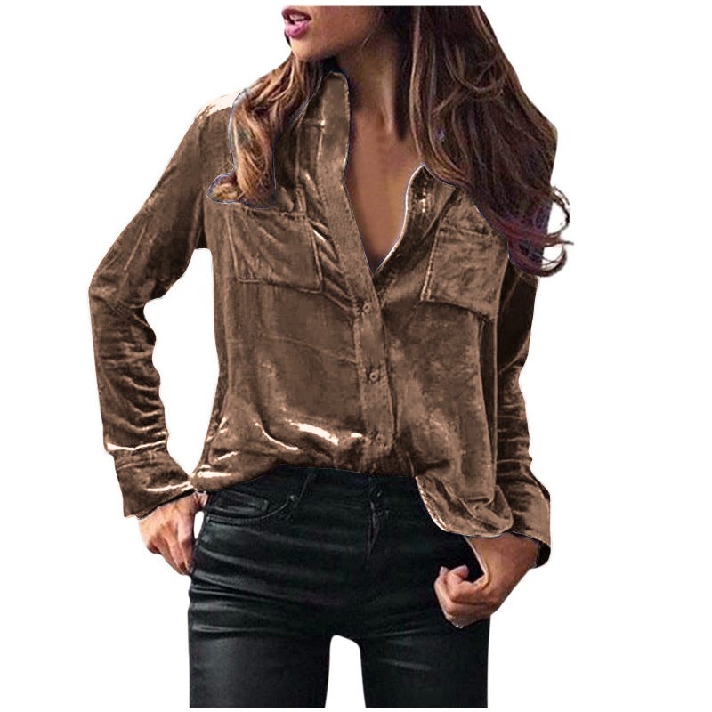 in stock Europe and the United States cross-border Amazon pocket shirt blouse solid color temperament long sleeve single breasted shirt women dark brown
