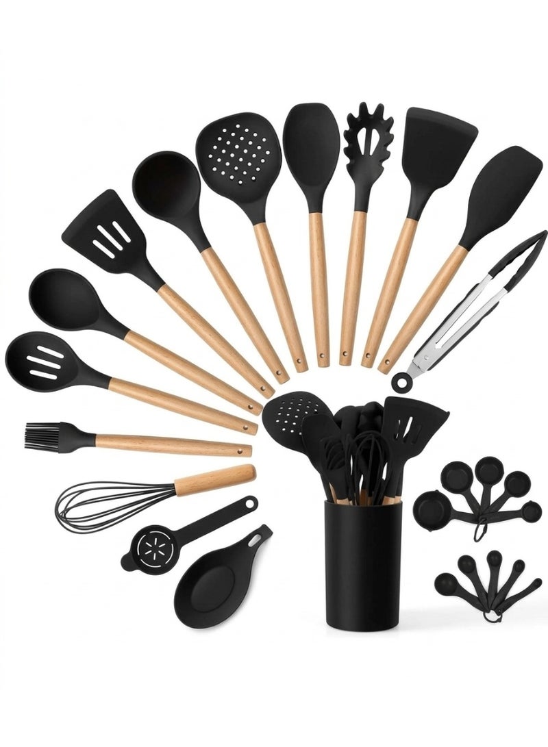 Black Kitchen Utensils Set with Holder, 25-Piece Silicone Cooking Utensil Set