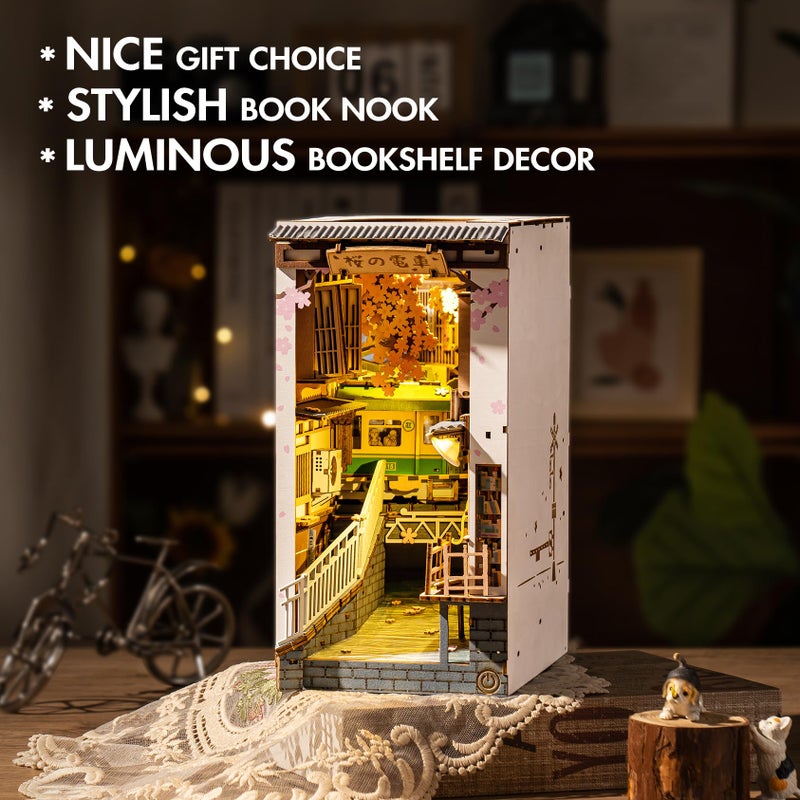Rowood Book Nook Kit, Bookshelf Insert Decor Alley 3D Wooden Puzzle, DIY Bookend Building Set Model Kit with LED Light -Sakura Tram - Image 2
