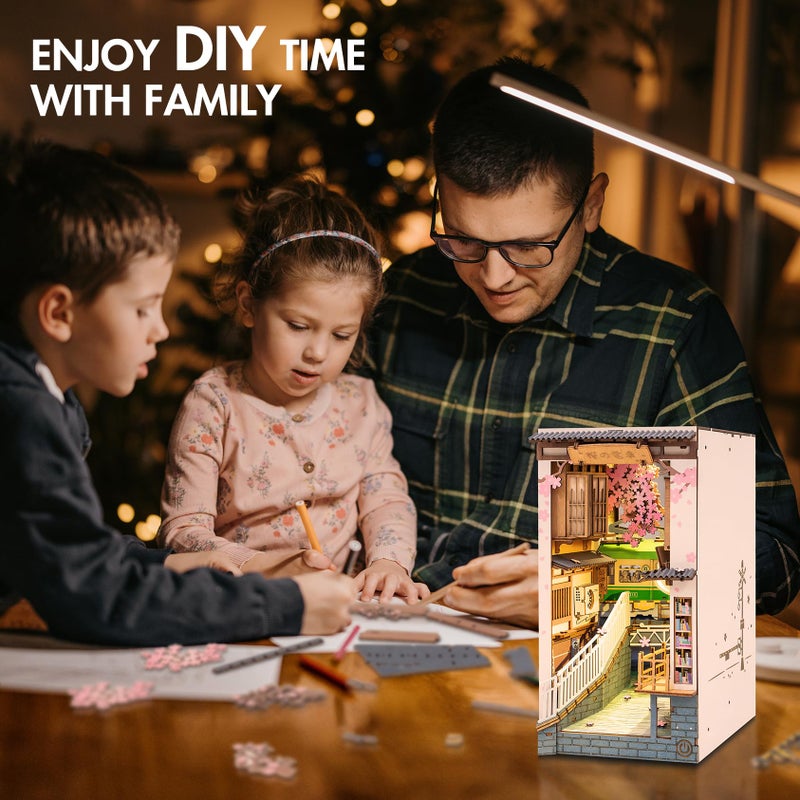 Rowood Book Nook Kit, Bookshelf Insert Decor Alley 3D Wooden Puzzle, DIY Bookend Building Set Model Kit with LED Light -Sakura Tram - Image 3