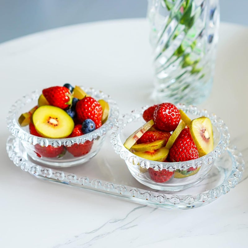 ROSEFINCH Clear Glass Dessert Plate with 1 Tray Set 2 Bowls Small for Serving Snacks and Sweets Dry Fruits Mukhwas platters Rice Dal Fruit Salad Multipurpose - Image 1