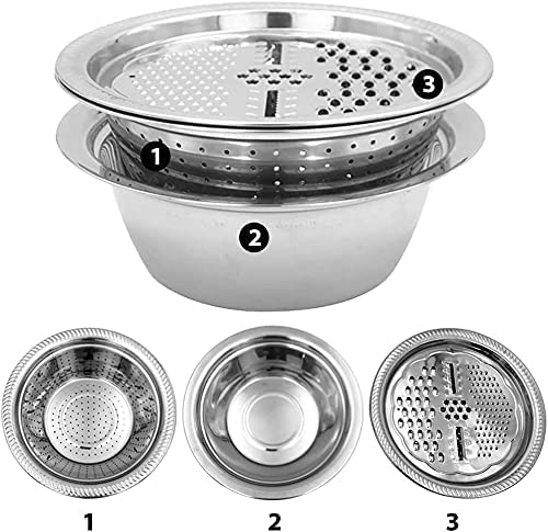 ONTRIP ONTRIP Multifunctional 3 in 1 Stainless Steel Basin Grater Vegetable Cutter with Drain Basket - Vegetable Fruits Washing Bowl Strainer Set - Image 4