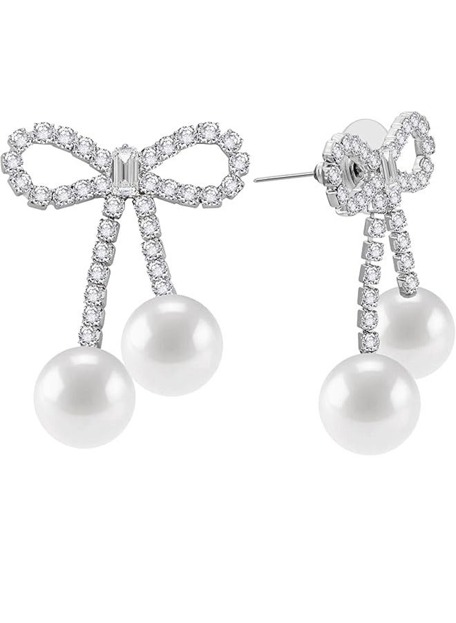 Bow Earrings Pearl Earrings Women Girls Rhinestone Pendant Long Tassel Earrings 925 Silver Needle Heart-beating Bow Pearl Earrings Niche Sweet - Image 1