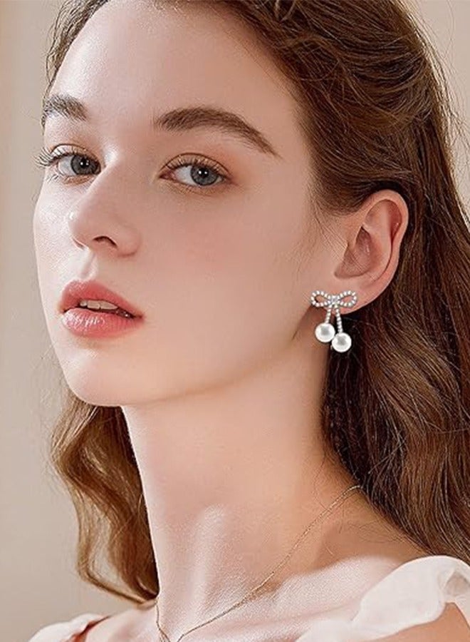 Bow Earrings Pearl Earrings Women Girls Rhinestone Pendant Long Tassel Earrings 925 Silver Needle Heart-beating Bow Pearl Earrings Niche Sweet - Image 2