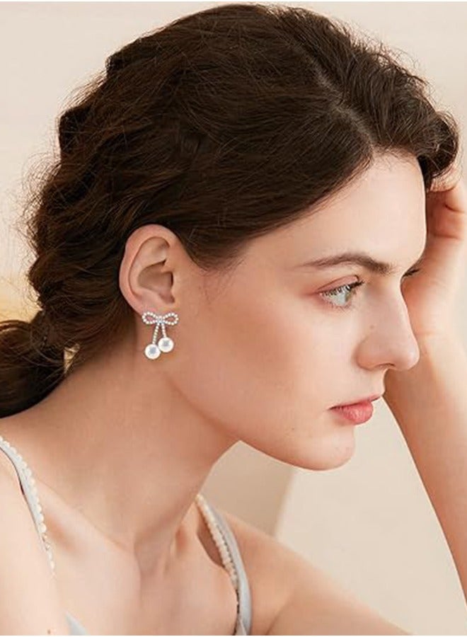 Bow Earrings Pearl Earrings Women Girls Rhinestone Pendant Long Tassel Earrings 925 Silver Needle Heart-beating Bow Pearl Earrings Niche Sweet - Image 4