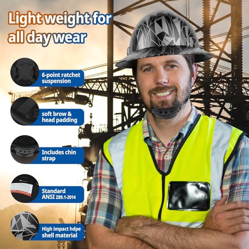 TOKISHI Full Brim Hard Hat - OSHA Safety Helmet Durable Lightweight Carbon Fiber Hard Hat, 6-Point Ratchet Suspension Protective Gear for Men and Women (Geometric Black, Standard) - Image 4