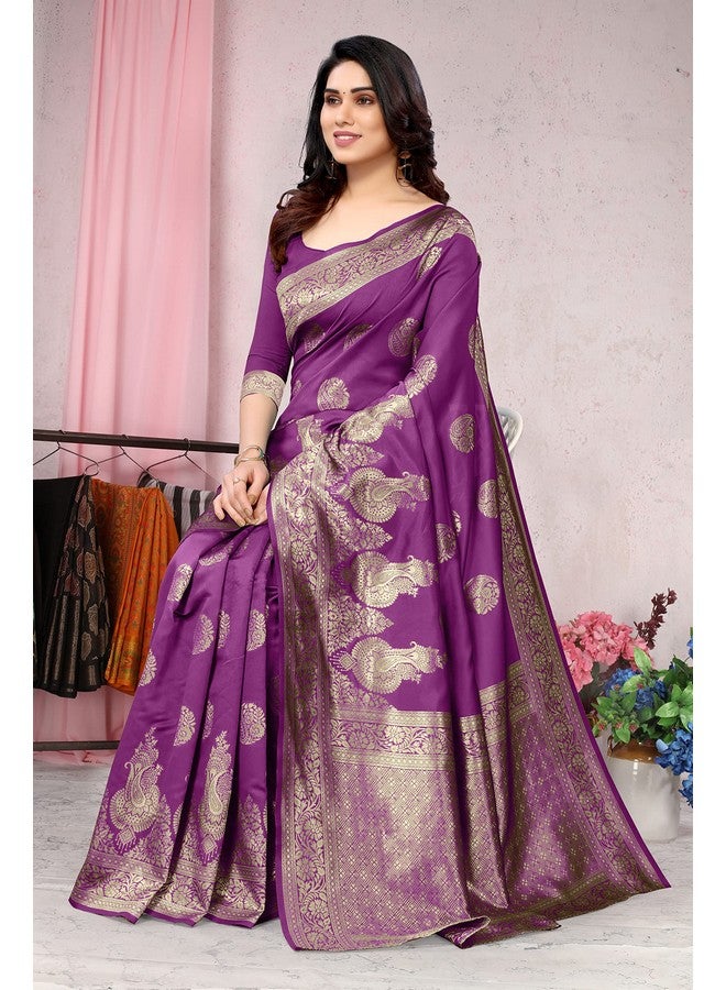 MIRCHI FASHION MIRCHI FASHION Women Silk Cotton Kanjivaram Soft Floral and Paisley Zari Woven Butta Saree with Blouse Piece | Jacquard Design Banarasi Sarees (36983 - Purple, Golden) - Image 2