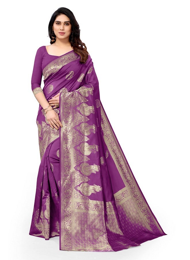 MIRCHI FASHION MIRCHI FASHION Women Silk Cotton Kanjivaram Soft Floral and Paisley Zari Woven Butta Saree with Blouse Piece | Jacquard Design Banarasi Sarees (36983 - Purple, Golden) - Image 1