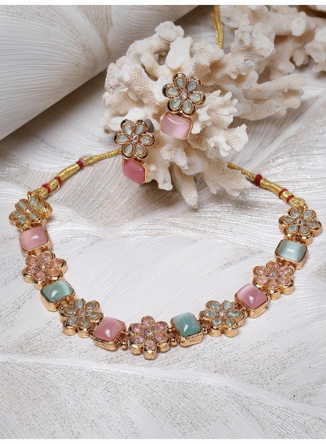 Sukkhi Youthful Floral Gold Plated Multicolor AD Stone Collar Bone Necklace Set And Earring | Jewellery Set For Women (NS105514) - Image 4