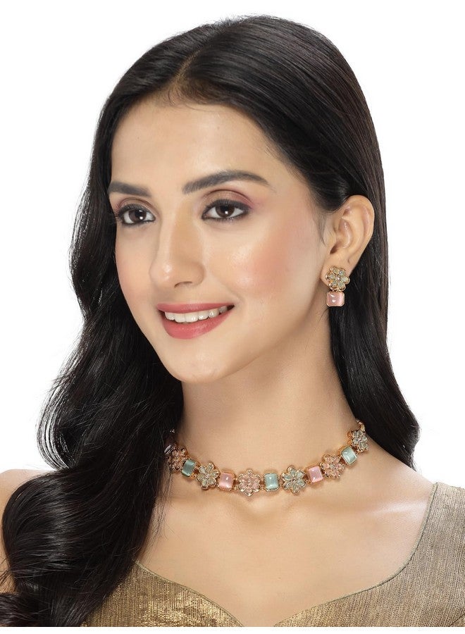 Sukkhi Youthful Floral Gold Plated Multicolor AD Stone Collar Bone Necklace Set And Earring | Jewellery Set For Women (NS105514) - Image 2
