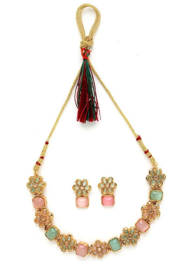 Sukkhi Youthful Floral Gold Plated Multicolor AD Stone Collar Bone Necklace Set And Earring | Jewellery Set For Women (NS105514) - Image 1