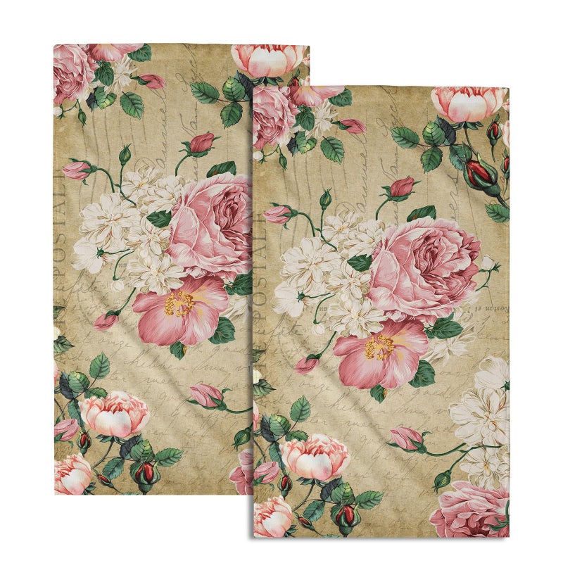 Vintage Rose Floral Hand Towels 15x30 in Set of 2 Retro Pink Flower Leaves Stamp Hair Face Towel Soft Highly Absorbent Shabby Chic Beige Fingertip Towel for Bathroom Girl Woman Guest Gifts