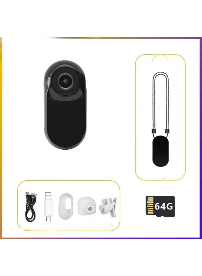 شابية كاميرا رياضية صغيرة بدقة 1080 بكسل، كاميرا أكشن صغيرة مع بطاقة ذاكرة مدمجة 64 جيجابايت، بحجم الإبهام، كاميرات مدمجة للعمل والسفر وركوب الدراجات والحيوانات الأليفة، طوق كاميرا للقطط (يحتوي على بطاقة ذاكرة 64 جيجابايت، كابل بيانات، محول، غطاء سيليكون، قاعدة، مشبك خلفي، طوق مغناطيسي، أسود) - Image 1