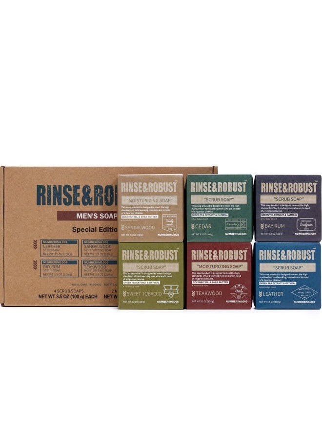 Rinse & Robust Mens Soap Bar Set 6Pcs Natural Handmade Cleansing Bar Soap Set Moisturizing&Exfoliating Scrub Soap Gift for Men All Skin Type| 6 Different Scents |3.5 oz of 6 Bars  - Image 1