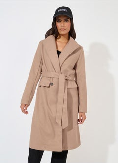 Regular Fit Double Breasted Belted Wool Like Coat