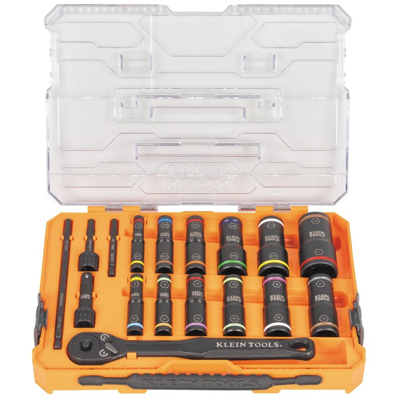 Klein Tools 65626 KNECT Deep Well Impact Socket Set 38Inch Drive Ratchet 24 SAE and Metric Flip Socket Sizes MODbox Case
