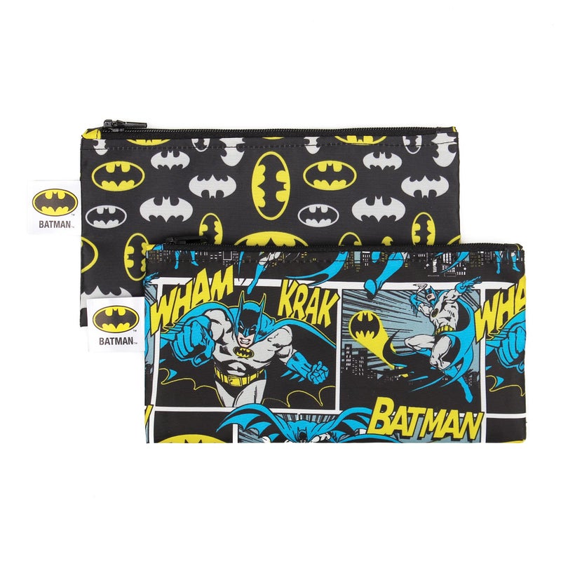 Bumkins Reusable Snack Bags for Kids School Lunch and for Adults Portion Washable Fabric Waterproof Cloth Zip Bag Supplies Travel Pouch FoodSafe 2pk Batman DC Comics