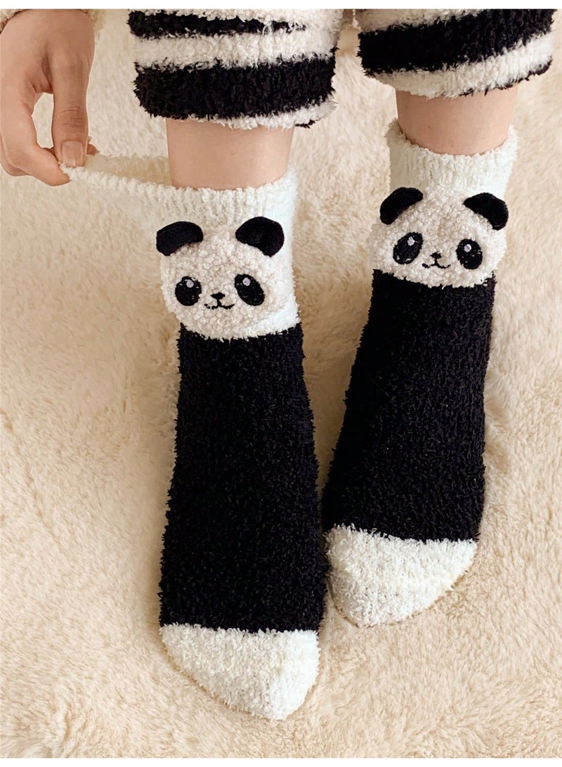 Socks For Ladies Cotton Style, Women Socks 1 Pair Black and White Fuzzy Winter Socks with Cute 3D Panda Bear Design, Soft Fluffy Warm Plush Socks for Women, Cozy Mid Calf Home Sleeping Socks, Size 36-39, Casual Winter Wear and Gifts