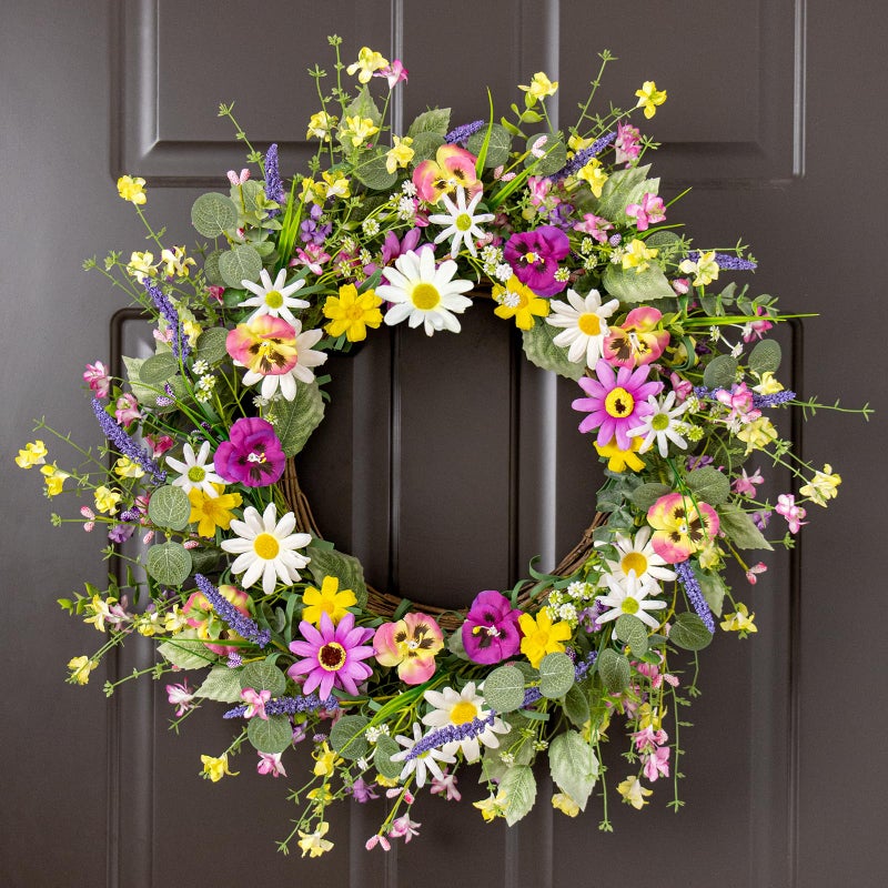 MG MagicGarden Artificial Spring Wreath 22 Inch Spring Wreaths for Front Door Springtime Flower Wreath with Colorful Daisy Pink Phalaenopsis for Springtime Holidays Wall Porch Farmhouse - Image 3