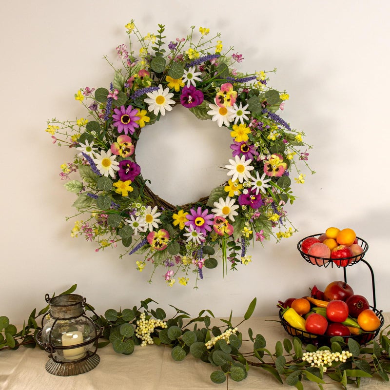 MG MagicGarden Artificial Spring Wreath 22 Inch Spring Wreaths for Front Door Springtime Flower Wreath with Colorful Daisy Pink Phalaenopsis for Springtime Holidays Wall Porch Farmhouse - Image 2