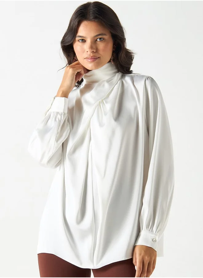 Iconic Iconic Solid Draped Top with High Neck and Long Sleeves