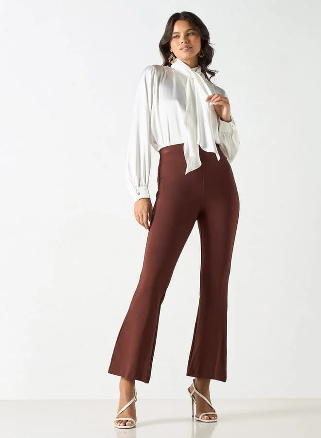 Iconic Iconic Solid Draped Top with High Neck and Long Sleeves