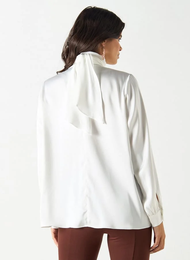 Iconic Iconic Solid Draped Top with High Neck and Long Sleeves