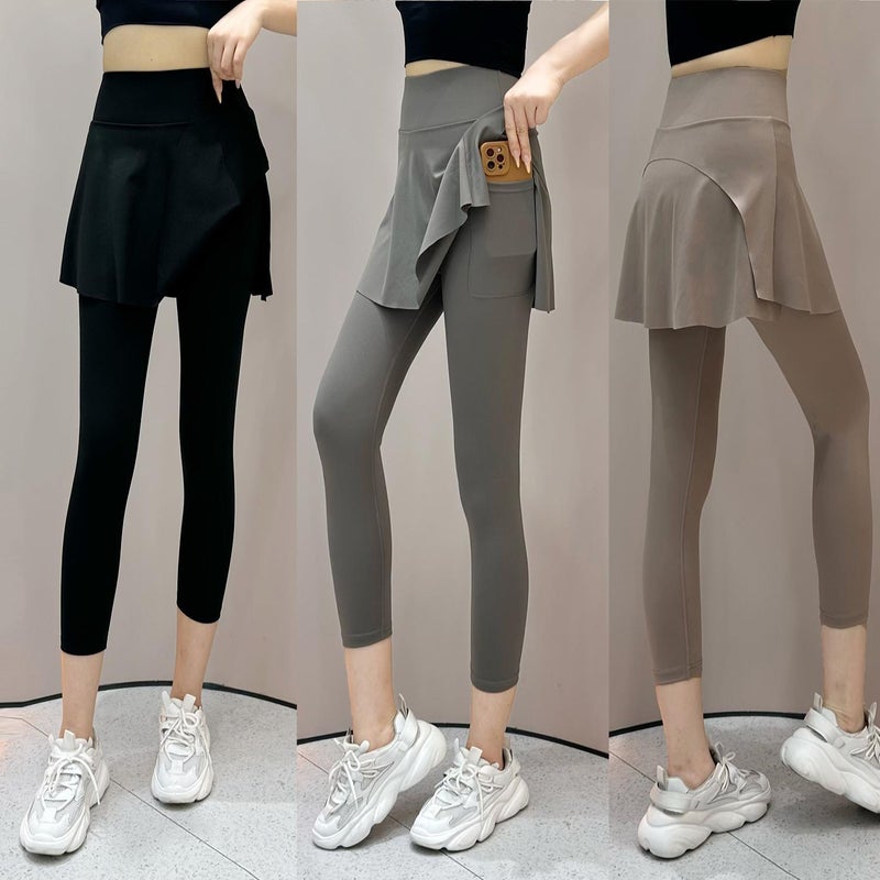 Summer High-Waist Capri Skirt Pants Fashion Yoga Grey Cafe - Image 3