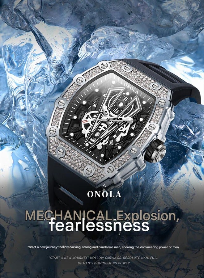 ONOLA ​​ONOLA Men's Luxury Silver & Black Rubber Strap Mechanical Watch – Stylish Skeleton Dial with Diamond Accents, Water-Resistant for Daily Wear, Perfect for Business, Casual & Special Occasions​​  - Image 2