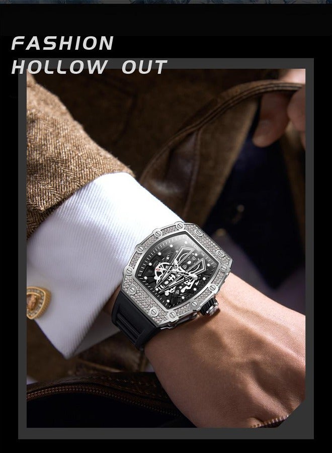 ONOLA ​​ONOLA Men's Luxury Silver & Black Rubber Strap Mechanical Watch – Stylish Skeleton Dial with Diamond Accents, Water-Resistant for Daily Wear, Perfect for Business, Casual & Special Occasions​​  - Image 3