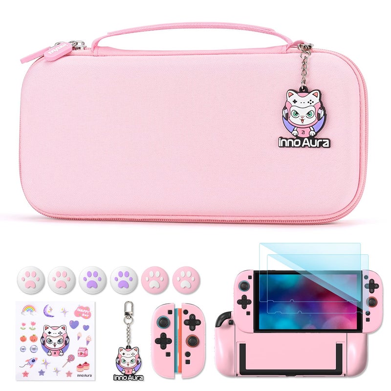 innoAura Switch 2 Case 14-in-1 Bundle for NS Switch 2 (2025), with Carrying Case, Protective Cover, Thumb Grips, Screen Protector, Cute Pendant and Sticker, Pink - Image 1