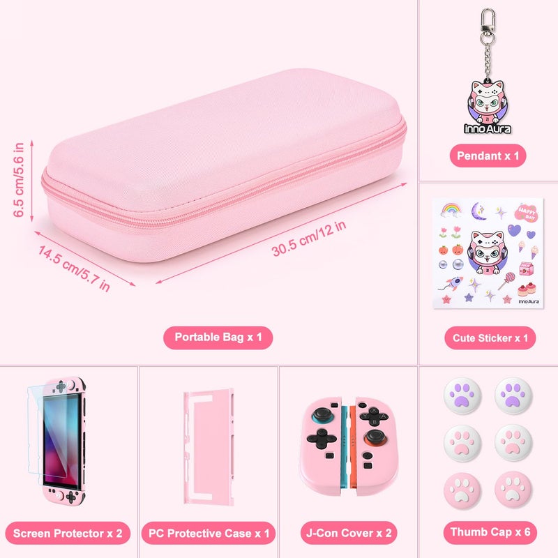 innoAura Switch 2 Case 14-in-1 Bundle for NS Switch 2 (2025), with Carrying Case, Protective Cover, Thumb Grips, Screen Protector, Cute Pendant and Sticker, Pink - Image 2