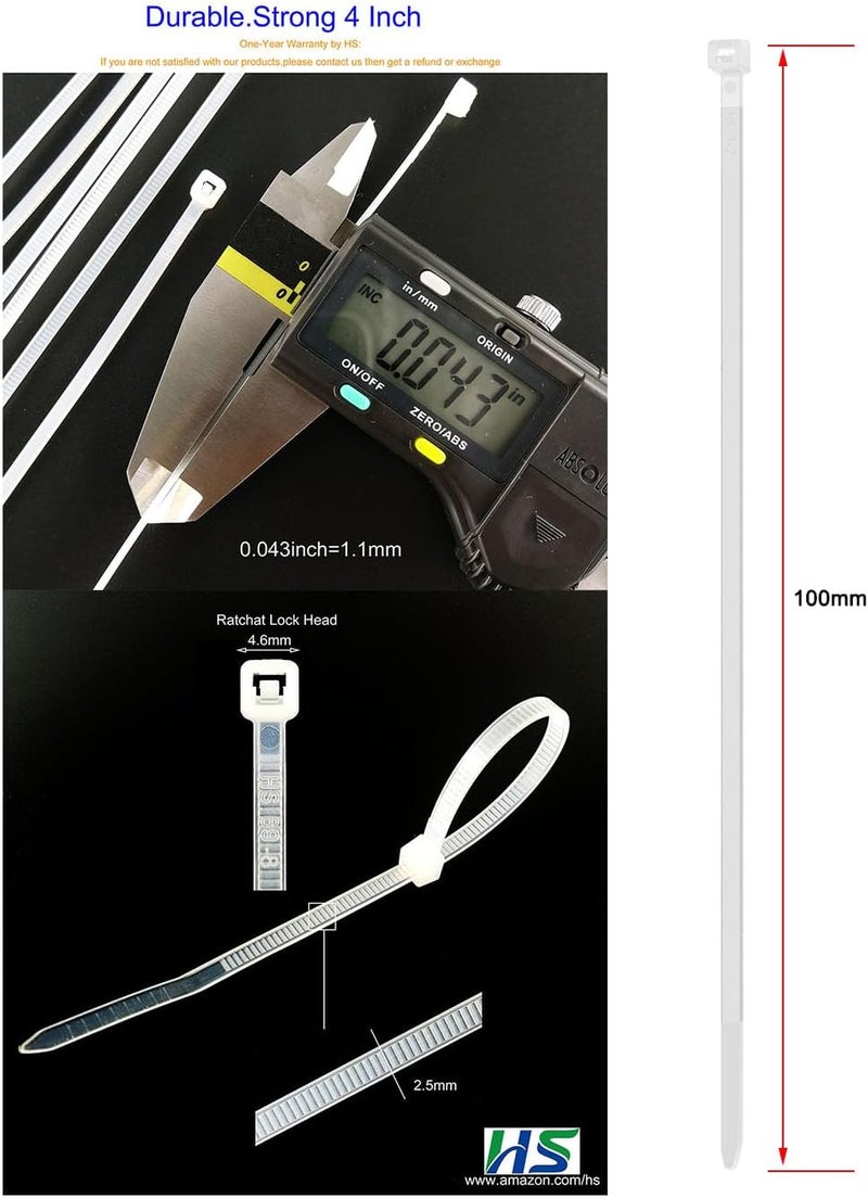 HS 1000 Pack Mini Zip Ties Clear Plastic Ties 4 Inch Bulk 4" White Cable Ties 18 Lb for Bag Tags,Electric,Lights,Party Decorate - Image 2